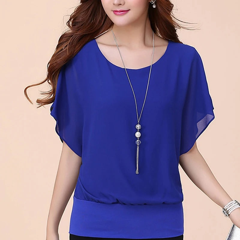 Elegant women's chiffon blouse, 'Ariana' style, with ruffled sleeves and a round neck.