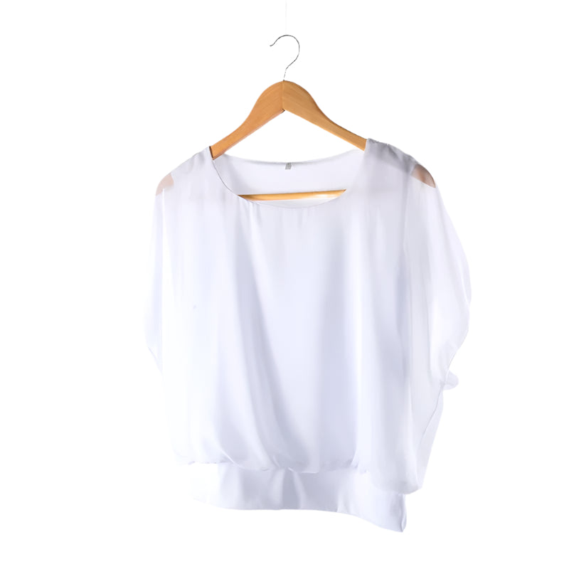 Easy care casual women's blouse with elegant ruffled sleeves for comfortable everyday style.