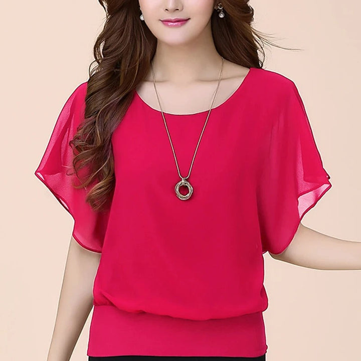 Professional women's chiffon blouse with elegant ruffled sleeves, ideal for office wear.