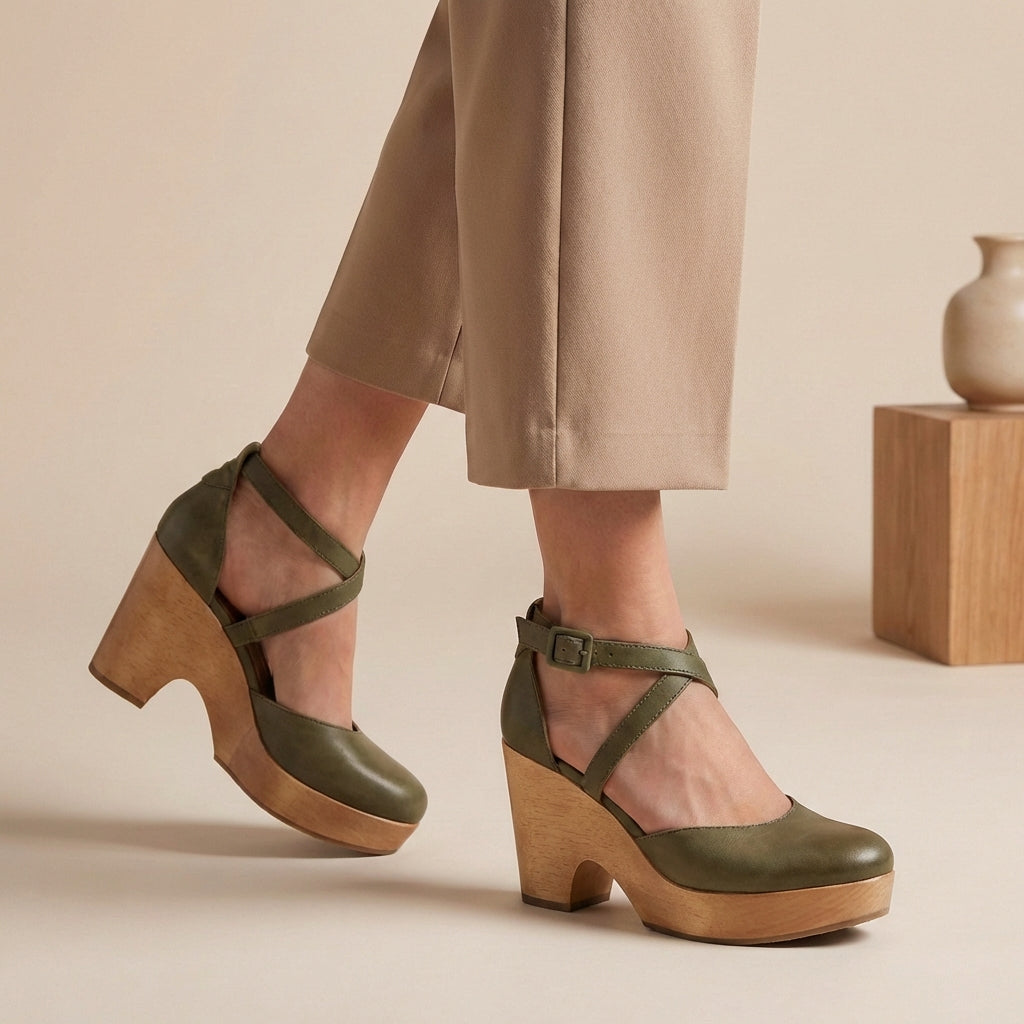Classic round-toe women's pumps featuring a sturdy block heel and elegant ankle strap, ideal for work or events.