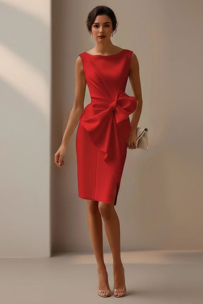 Formal women's sleeveless cocktail dress, elegant design with a prominent bow back. Perfect for wedding guests.