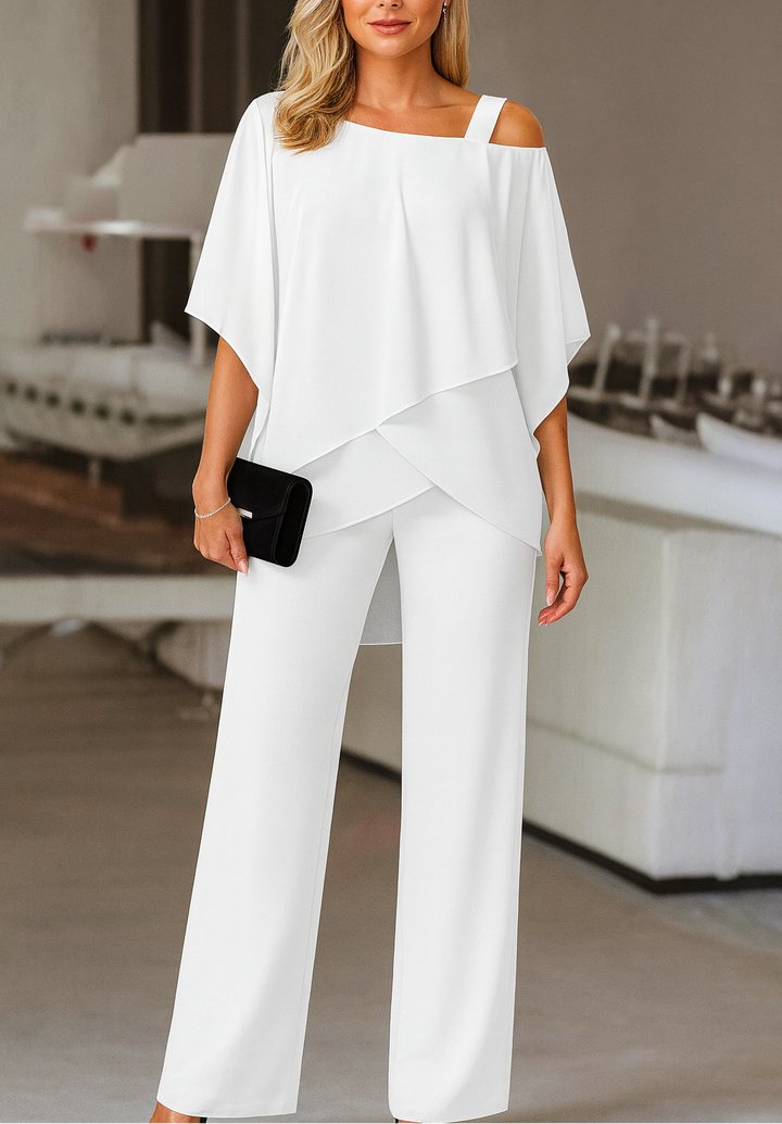 Modern women's cold-shoulder two-piece set. Fashionable pants outfit for elegant occasions and comfort.