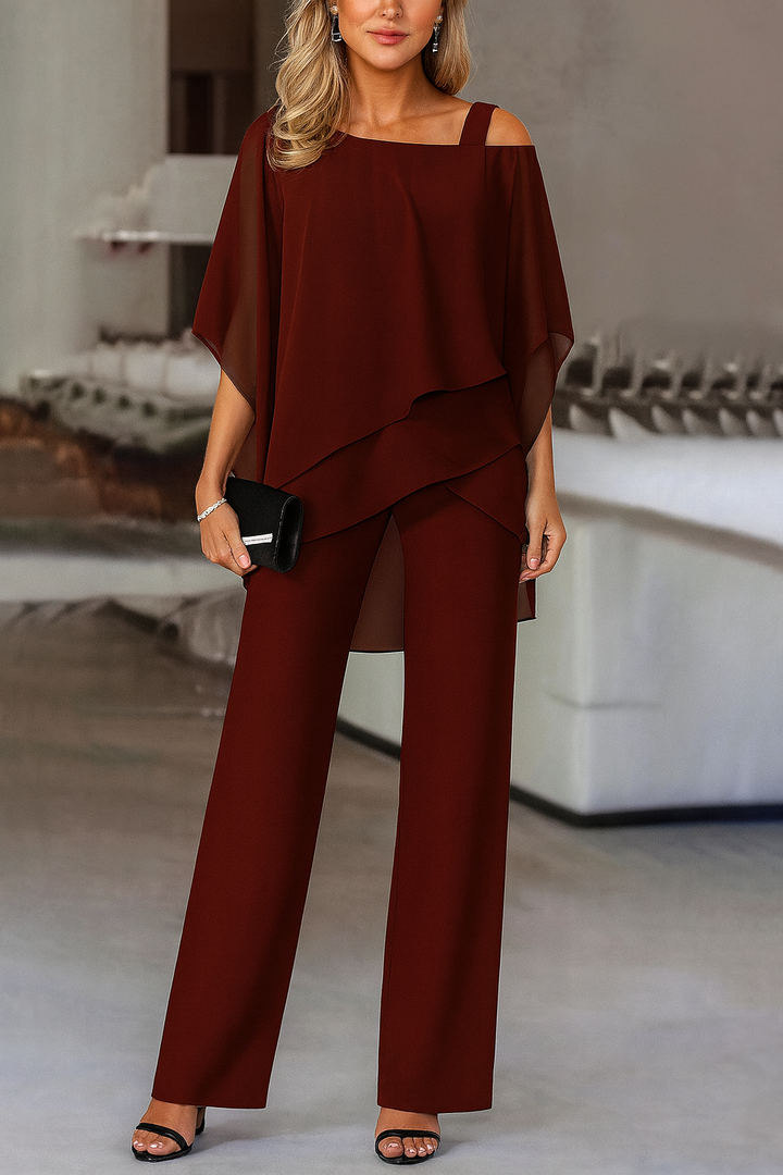 Women's elegant cold-shoulder pants set, a modern two-piece outfit for vacation or special occasions.