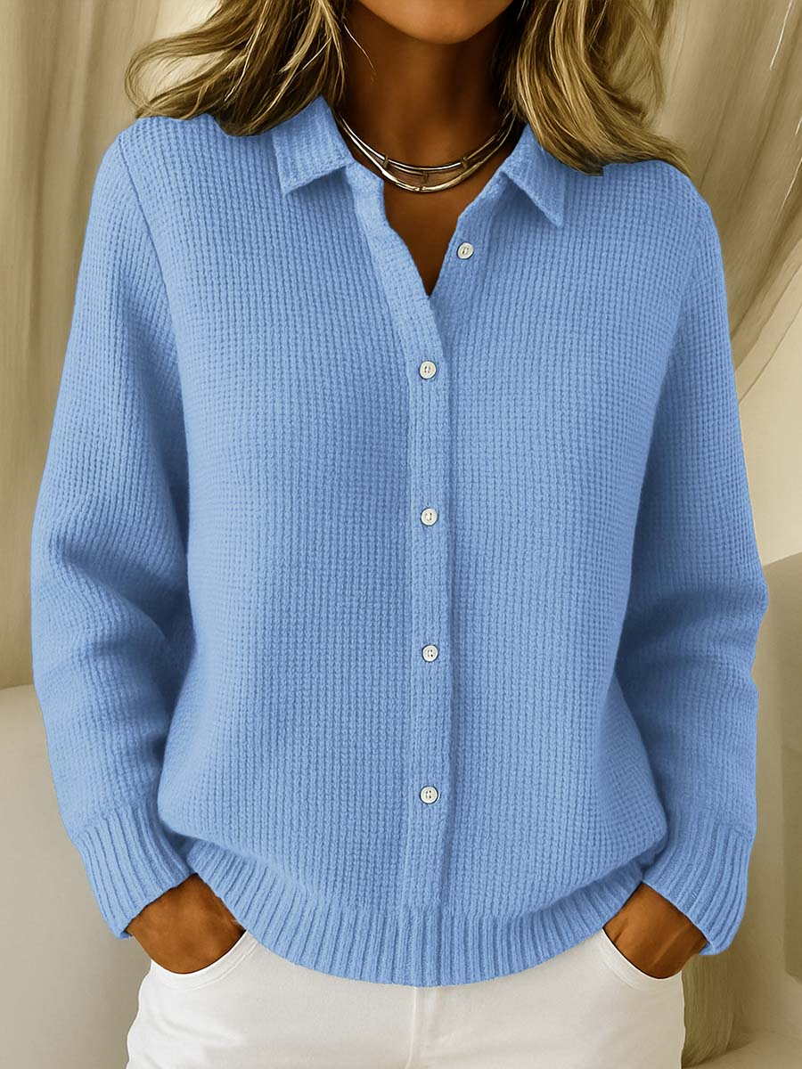 Elegant women's collared button-up sweater cardigan, perfect for versatile office wear or cozy fall outfits.