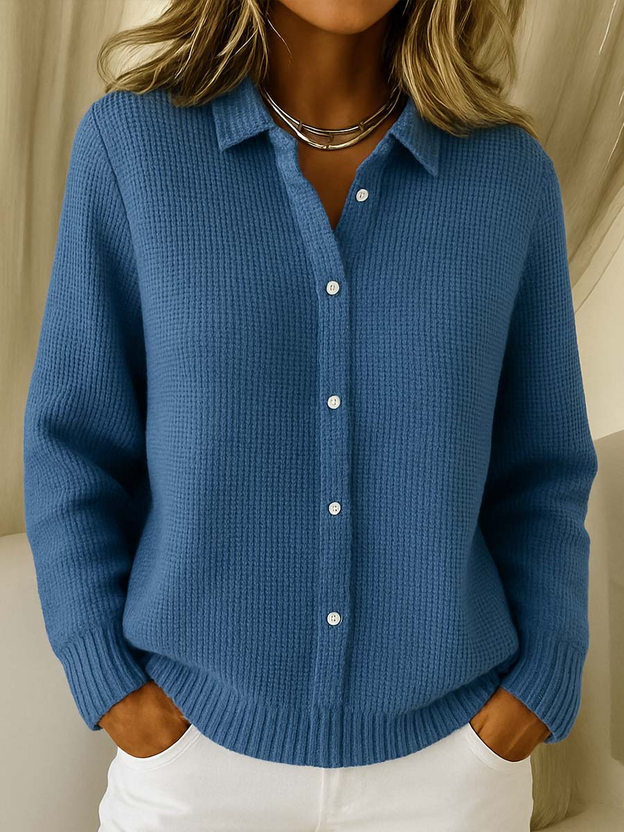 Soft knit women's button-up cardigan with a chic collar, an everyday comfort layering piece for winter tops.