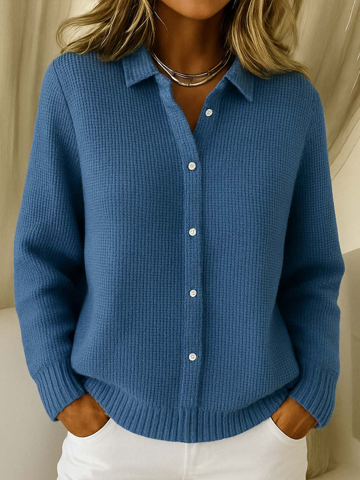 Soft knit women's button-up cardigan with a chic collar, an everyday comfort layering piece for winter tops.
