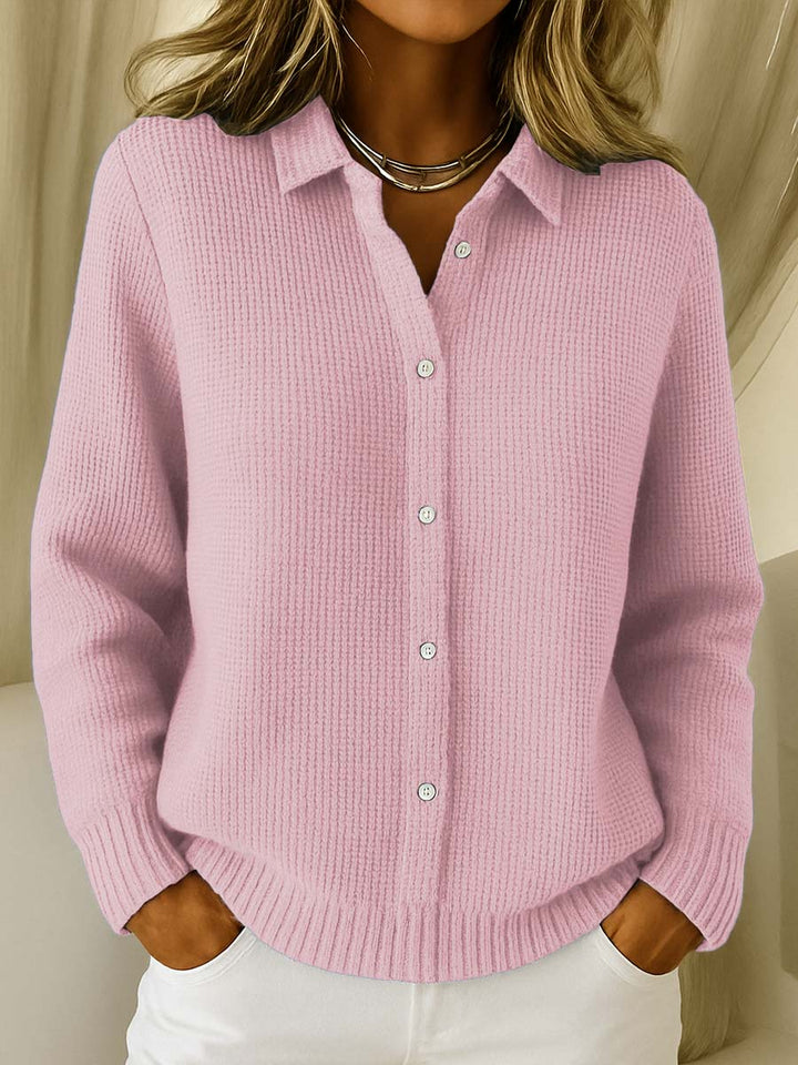 Feminine collared sweater cardigan for women, featuring a button-up front and elegant casual fashion style.