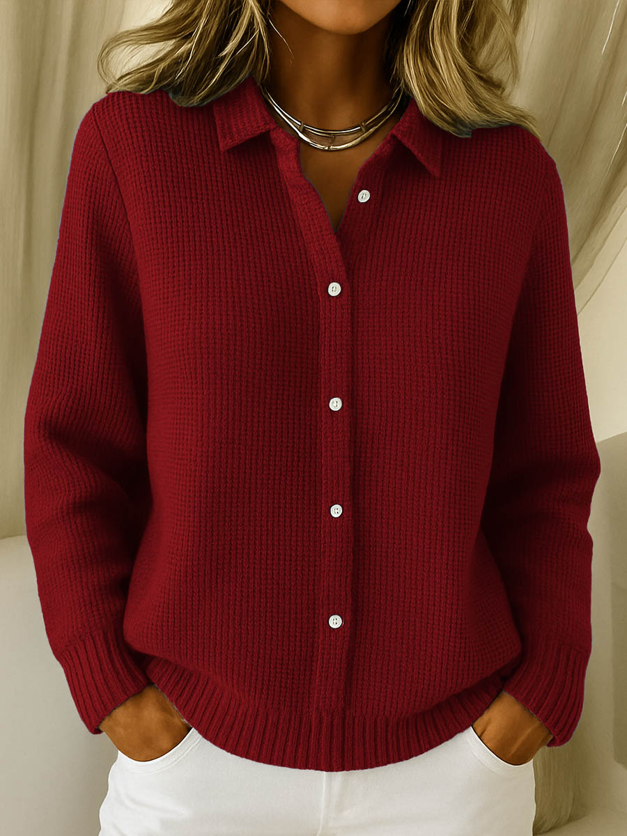 Stylish women's collared button-up cardigan, a cozy sweater and versatile layering piece for fall & winter.