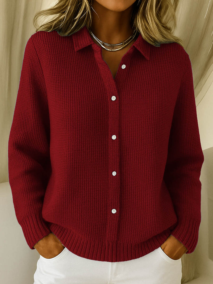 Stylish women's collared button-up cardigan, a cozy sweater and versatile layering piece for fall & winter.