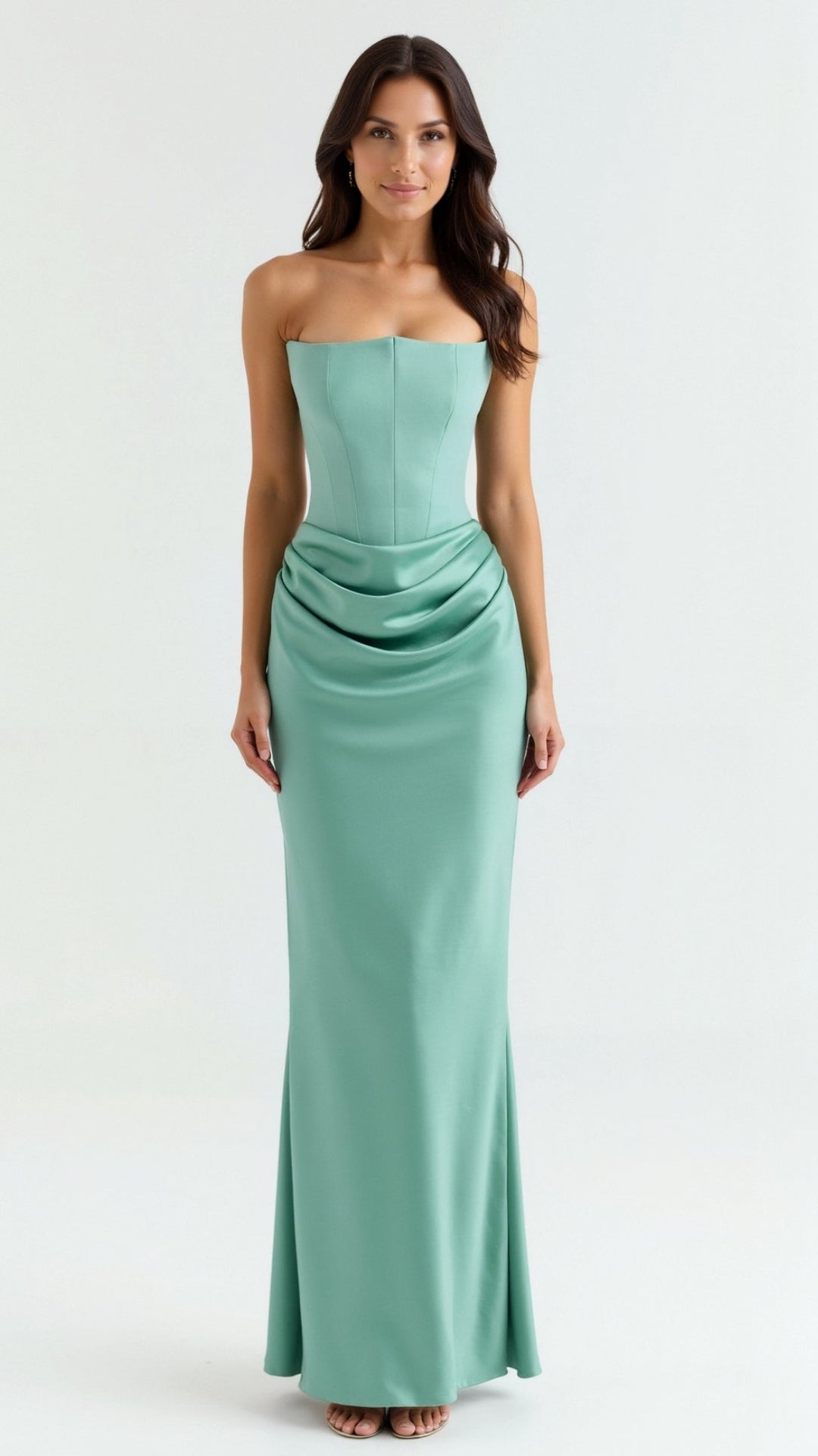 Full-length shot of a woman wearing an elegant column maxi dress, ready for a wedding.