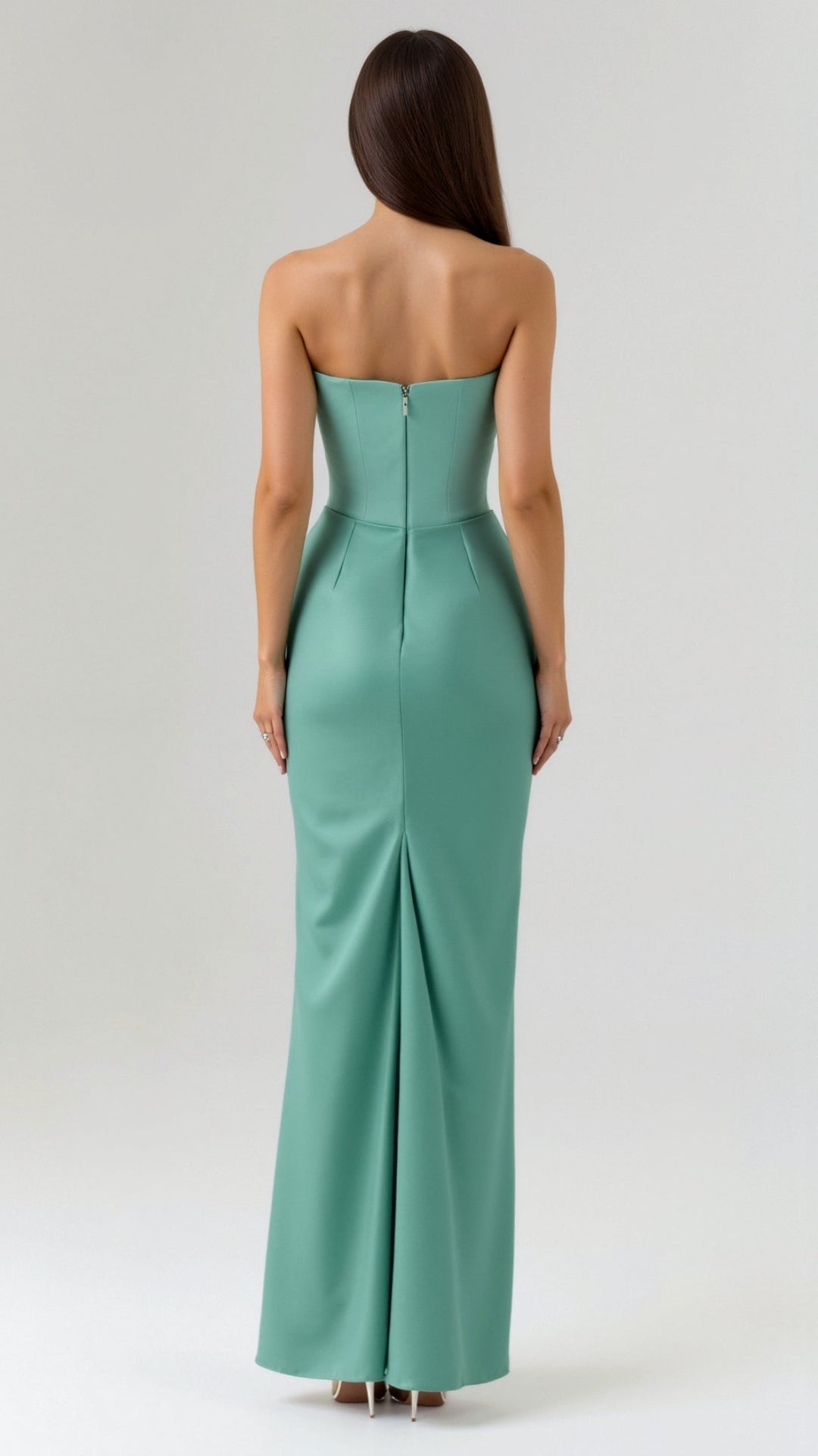 Detailed shot of the neckline on an elegant women's column maxi dress, ideal for wedding guests.