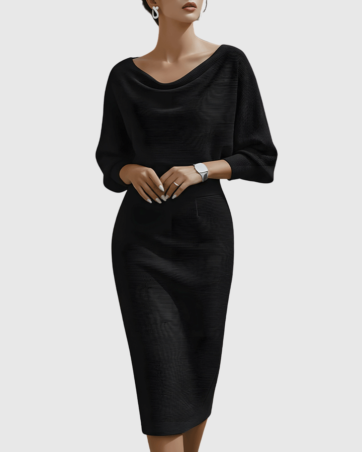 Elegant women's cowl neck batwing sleeve midi dress, perfect for parties or evening wear.