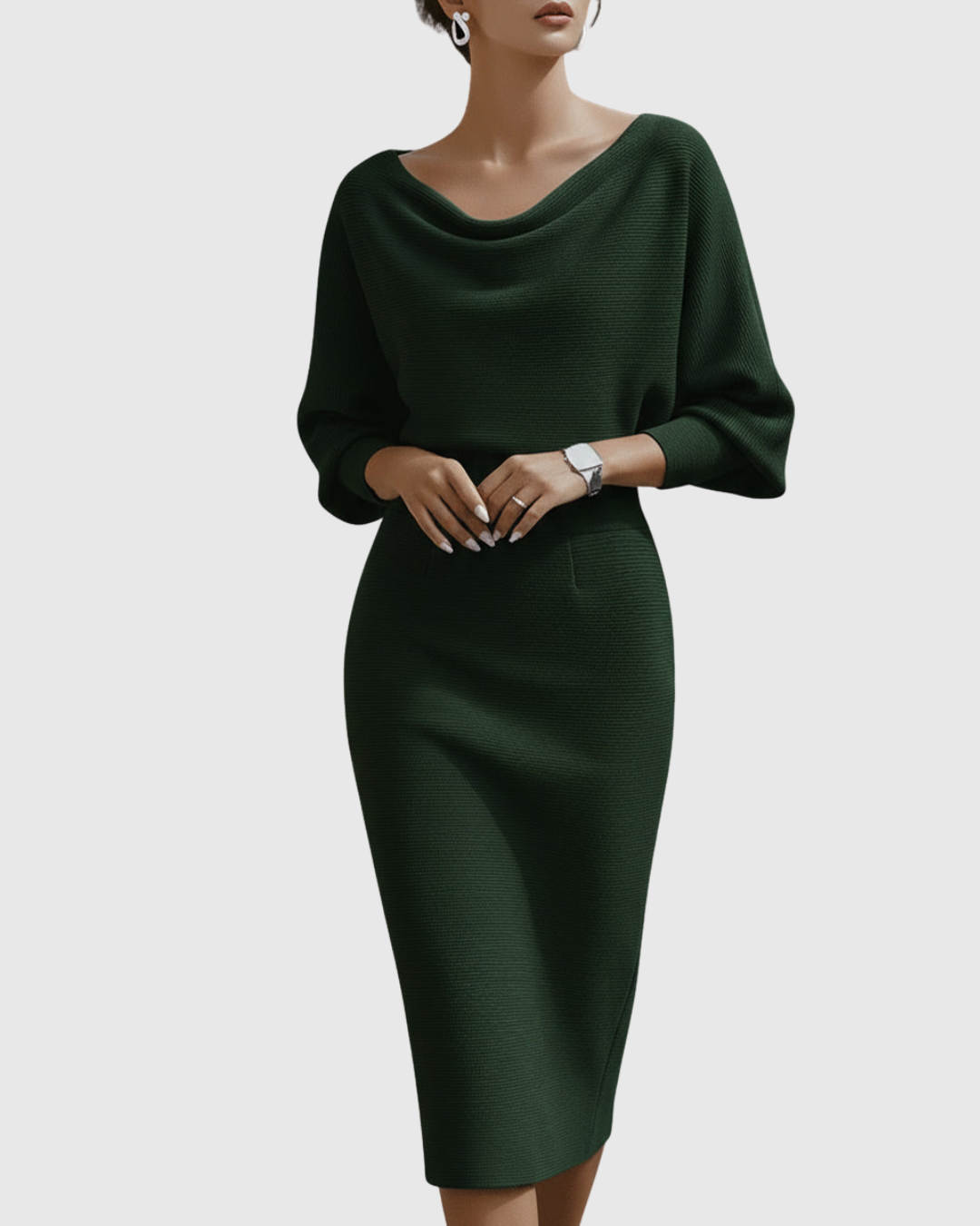 Sophisticated elegant midi dress for women, featuring a chic cowl neck and batwing design.