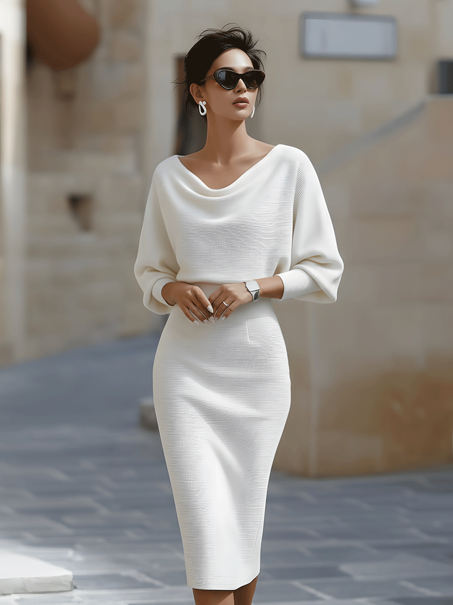 Elegant women's cowl-neck bodycon midi dress, a sophisticated choice for formal parties & evening events.