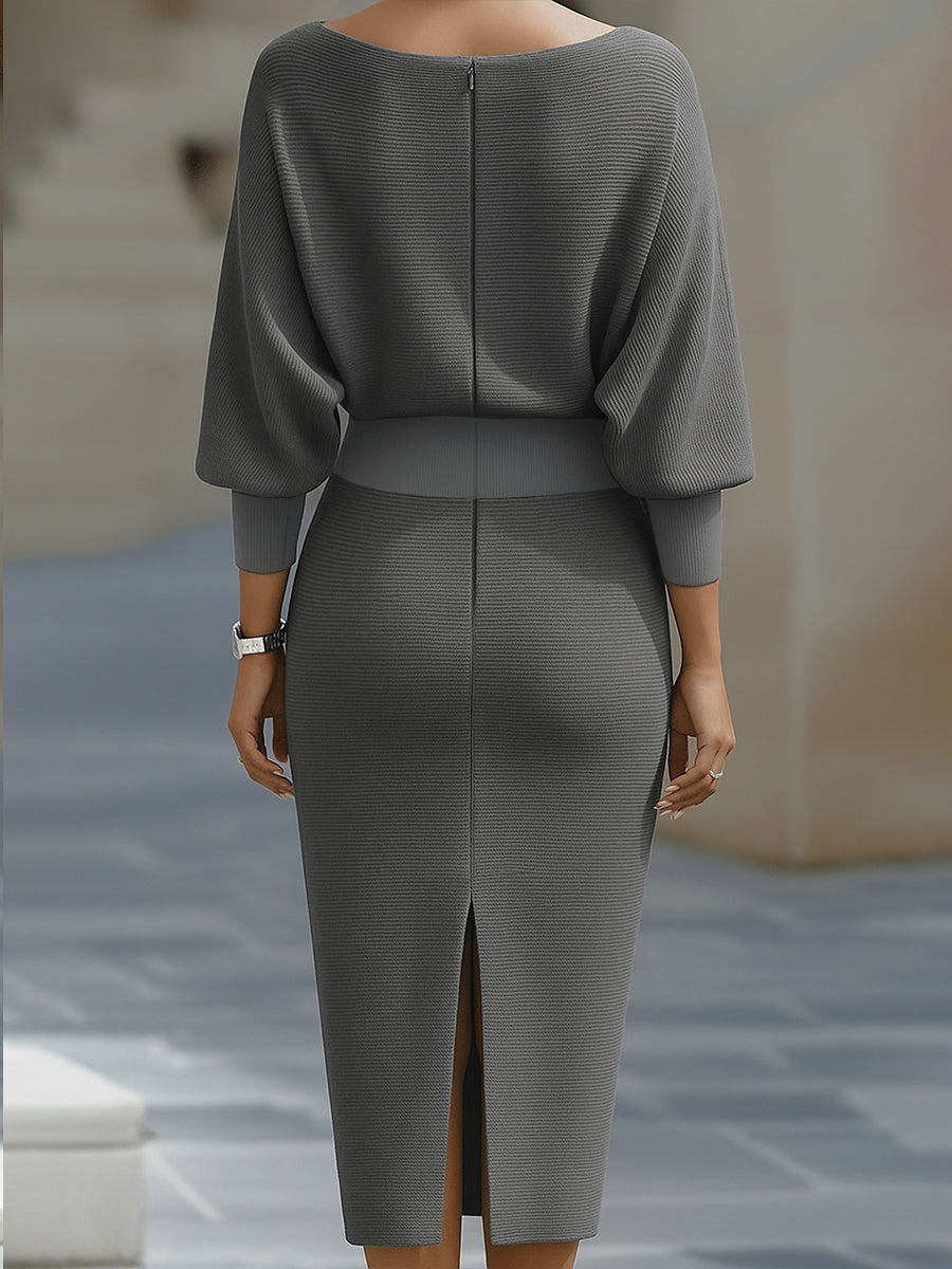 Modern elegant women's cowl-neck bodycon midi dress. Chic, figure-hugging, and perfect for formal events.
