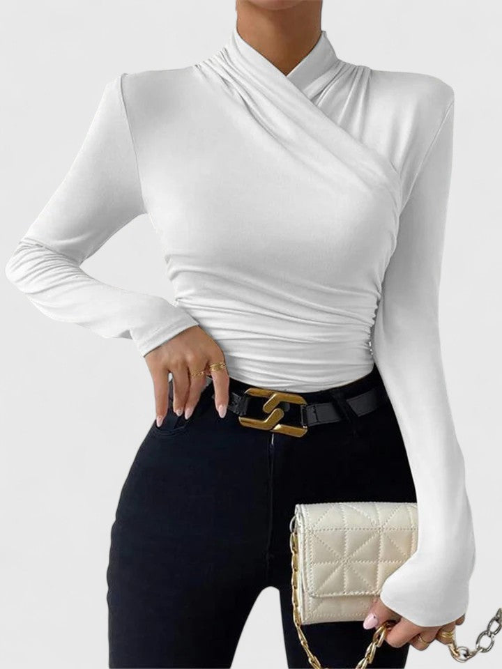 Stylish white women's criss-cross long sleeve top, elegant and slim-fit. Ideal for casual, formal, or work outfits.