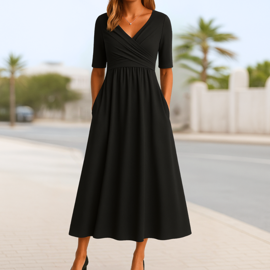 Versatile short sleeve V-neck midi dress for women, ideal for elegant casual spring fashion or summer everyday wear.
