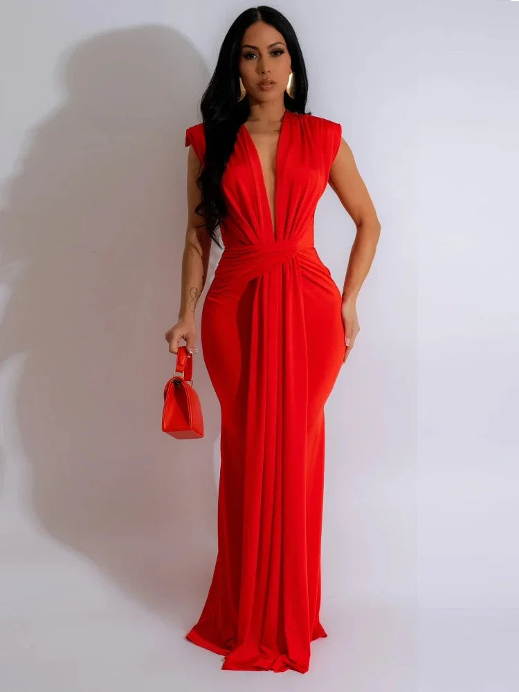 Elegant Women's Deep V-Neck Draped Bodycon Maxi Dress, perfect for evening parties & special occasions.