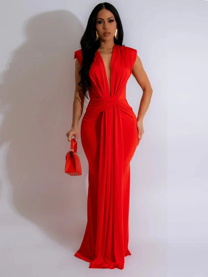 Elegant Women's Deep V-Neck Draped Bodycon Maxi Dress, perfect for evening parties & special occasions.