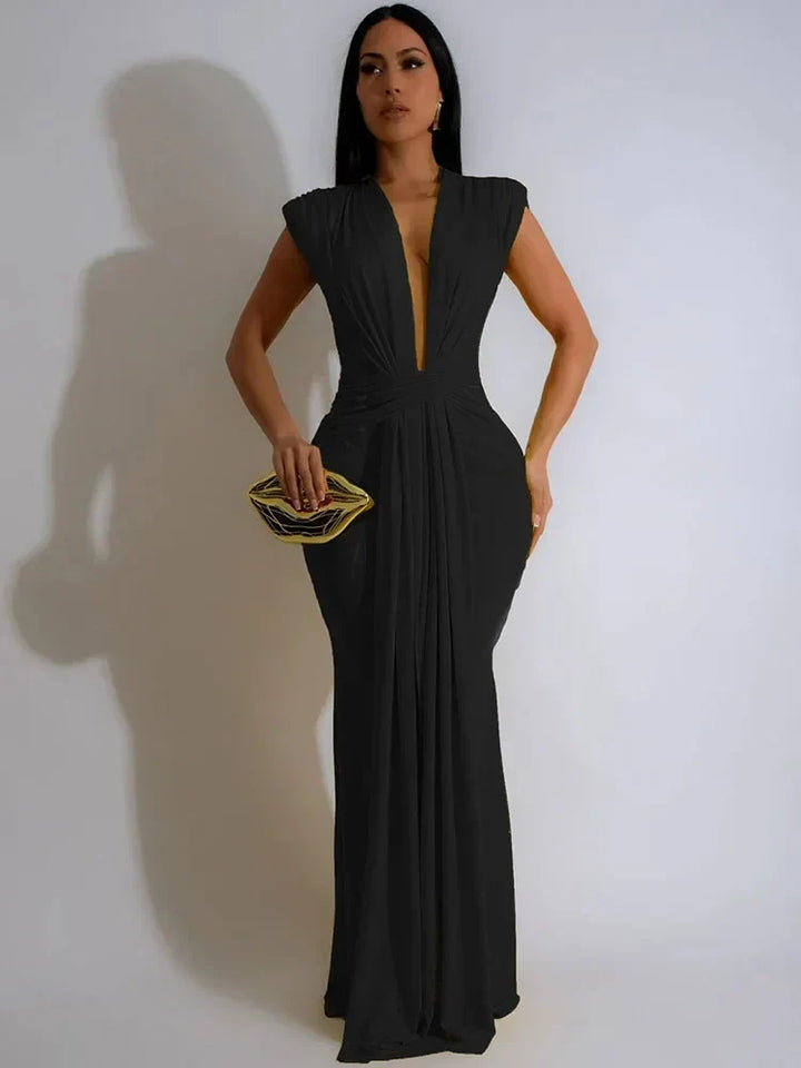 Glamorous Women's Bodycon Maxi Dress. Deep V-neck & elegant draping make it perfect for any special occasion.