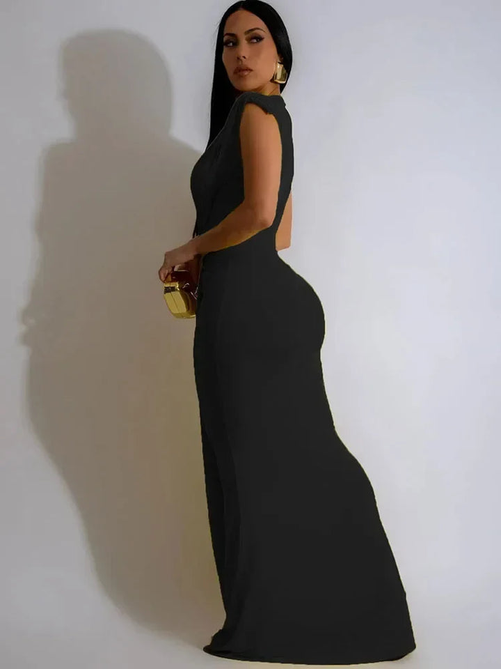 Fashionable Women's Evening Maxi Dress with deep V-neck, draped details, and a sleek bodycon fit.