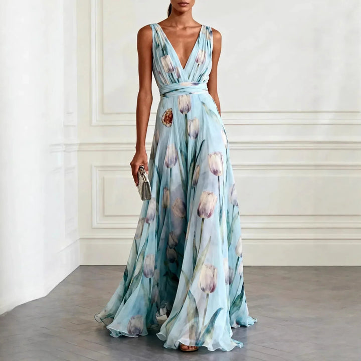 Elegant women's deep V-neck floral tulip maxi dress, perfect for wedding guests or summer parties. A-line silhouette.