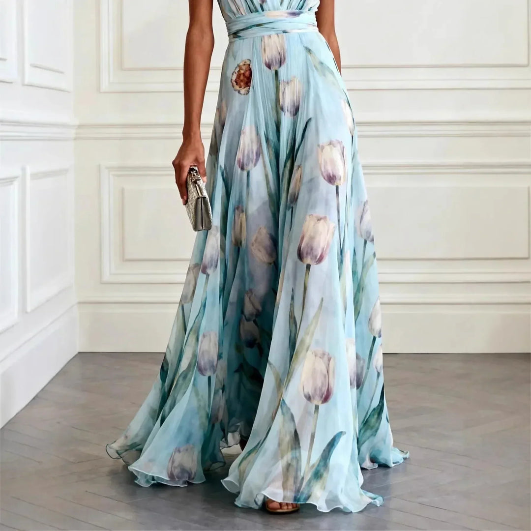 Floral print maxi dress for women with a deep V-neck and elegant tulip hem, ideal for formal evening wear.