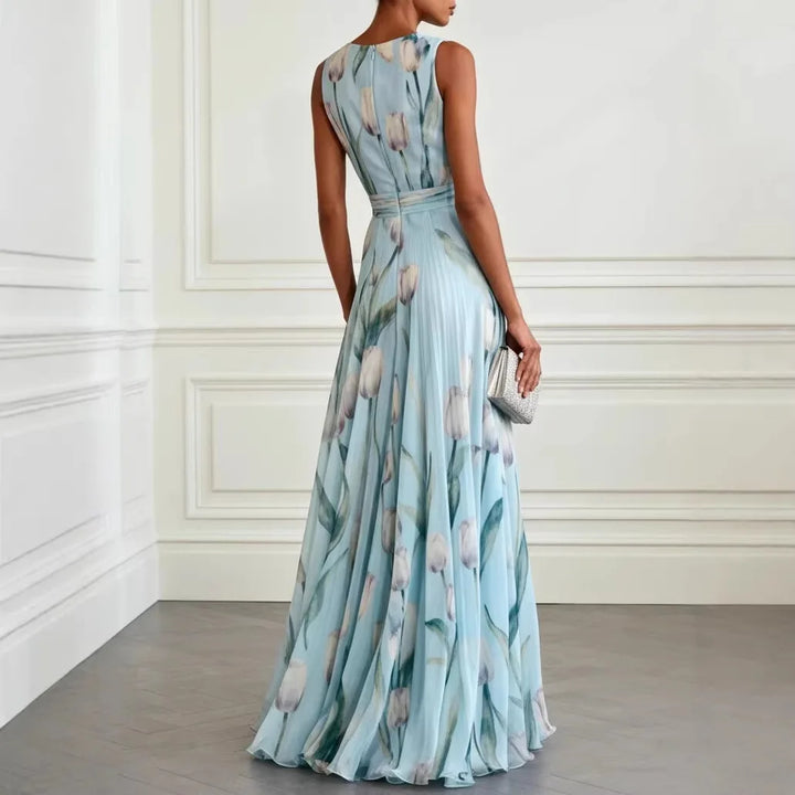 Women's a-line floral tulip maxi dress featuring a chic deep V-neck, suitable for special occasions & parties.
