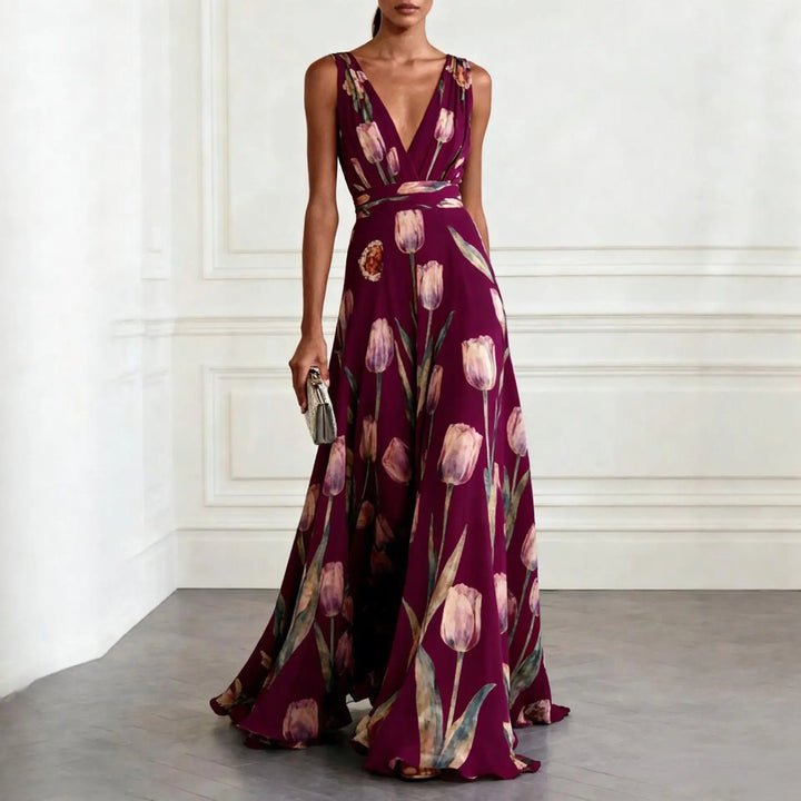 Stylish women's deep V-neck floral maxi dress, a comfortable tulip design for elegant summer and formal events.