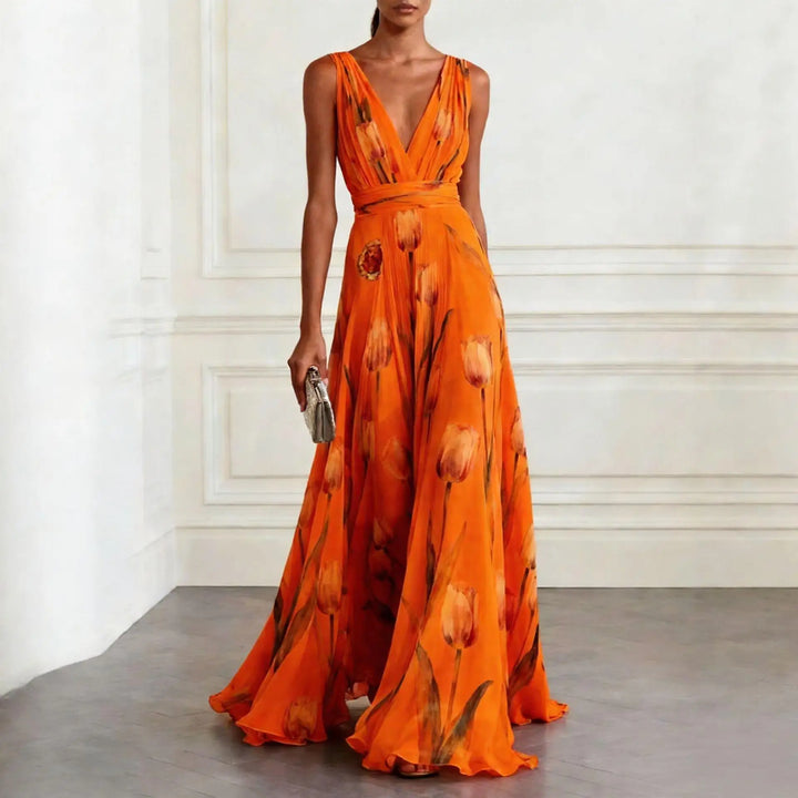 Graceful women's floral print V-neck maxi dress with a flowy tulip skirt, perfect as a wedding guest gown.