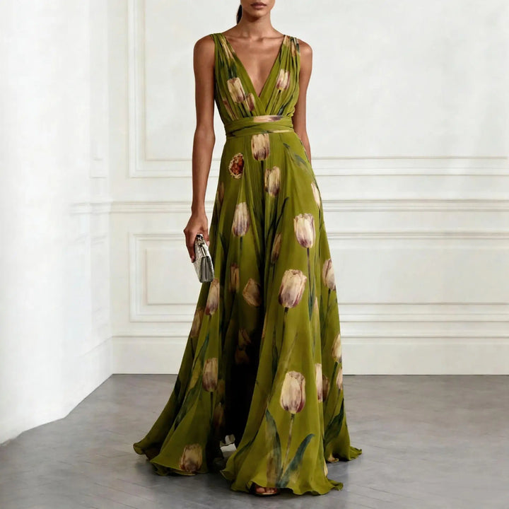 Chic deep V-neck floral tulip maxi dress for women, an elegant a-line gown ideal for formal evening wear.