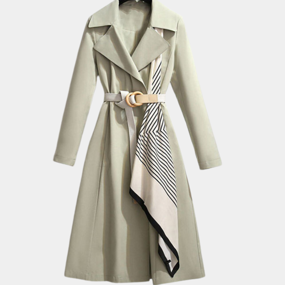 Elegant women's double-breasted belted trench coat in classic beige, perfect for autumn fashion.