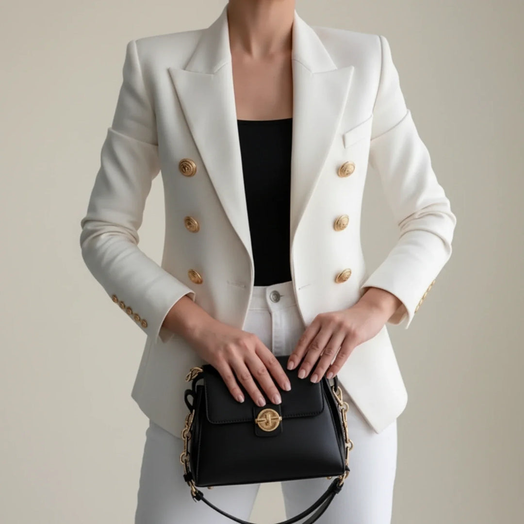 Elegant women's double-breasted blazer with tailored fit & prominent gold buttons, ideal for office or smart casual.
