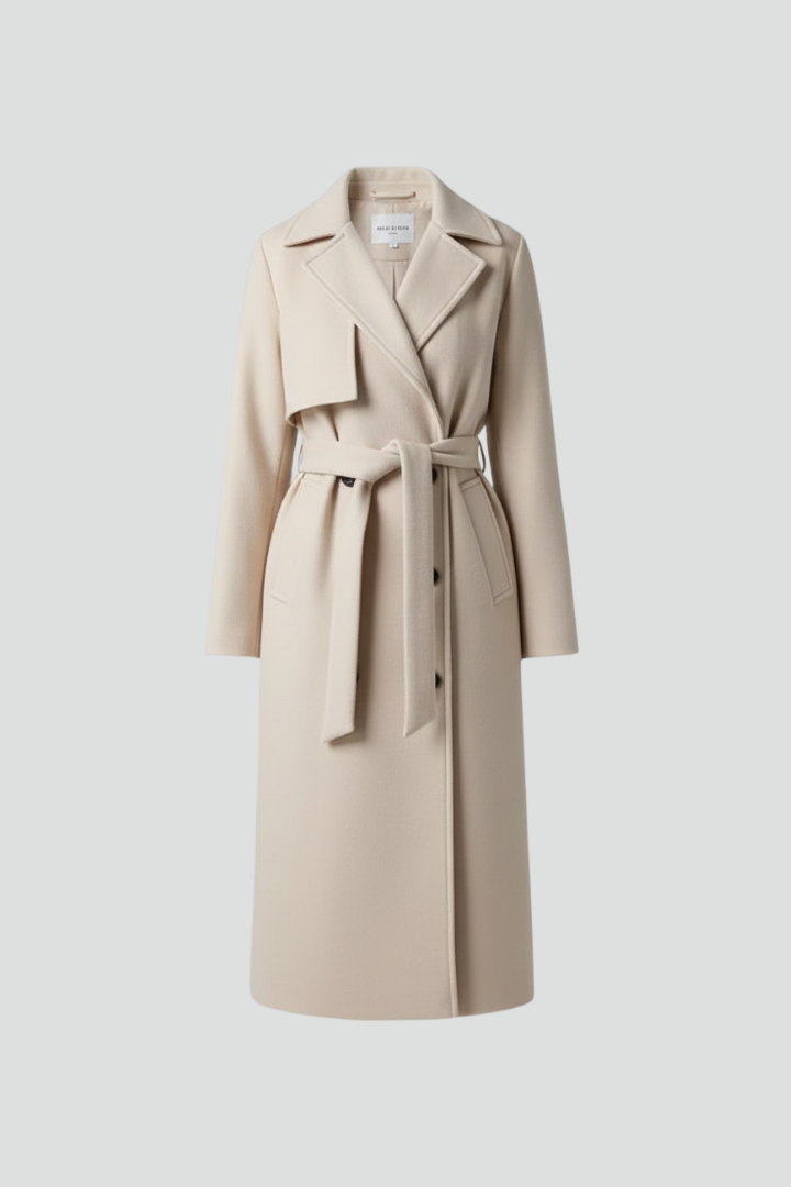 Elegant women's double-breasted long coat with a stylish belt, perfect for classic fall and winter fashion.