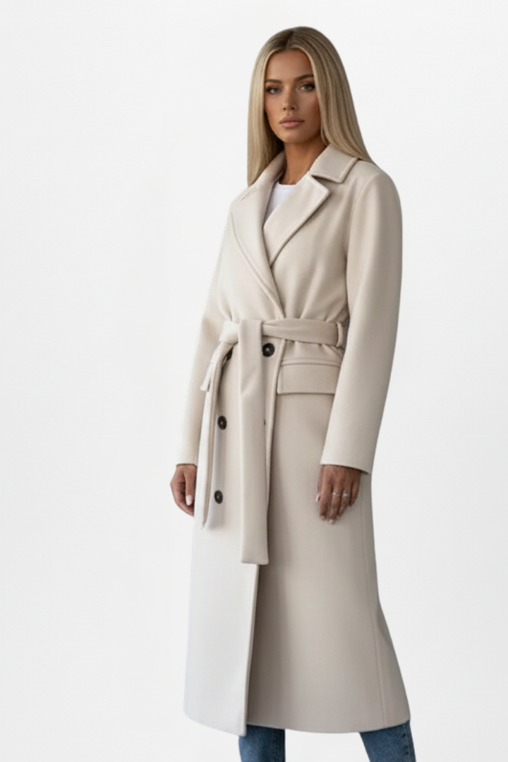Stylish women's double-breasted long winter coat with a chic belt, ideal for fall fashion & formal occasions.