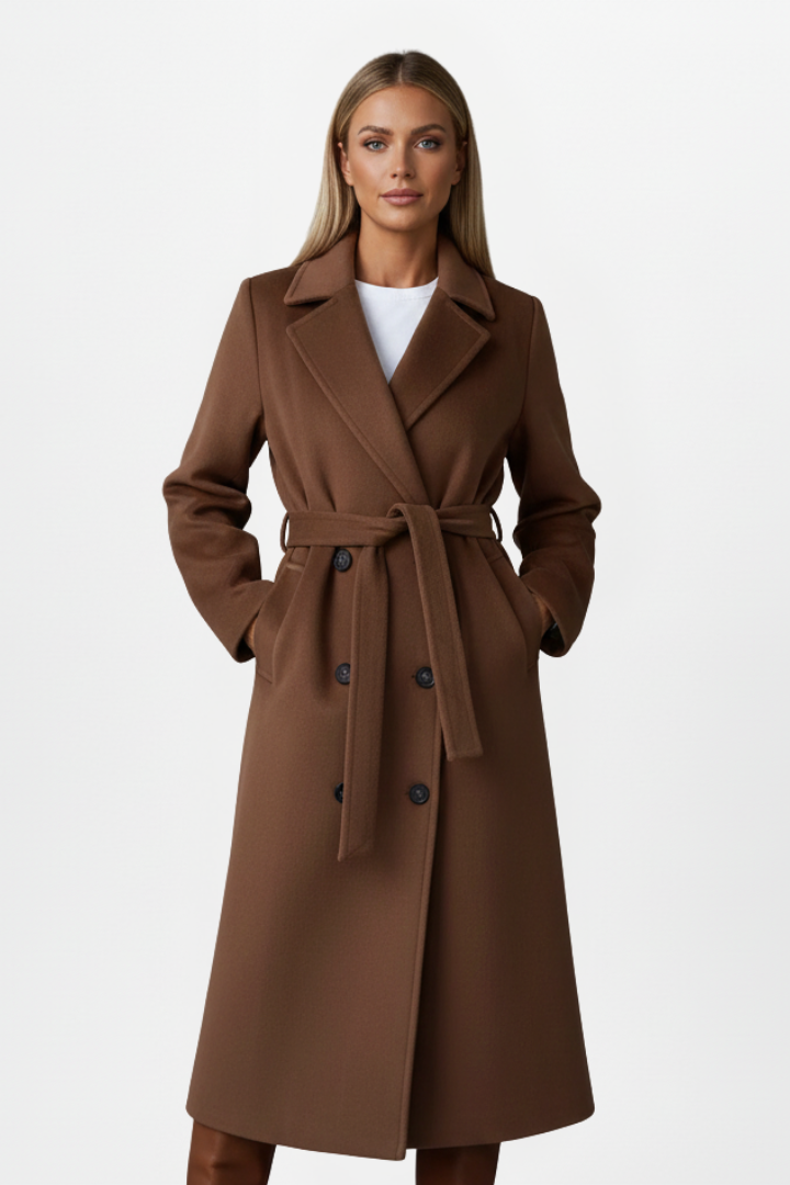 Formal women's long coat featuring a double-breasted front and adjustable belt, chic outerwear for colder seasons.