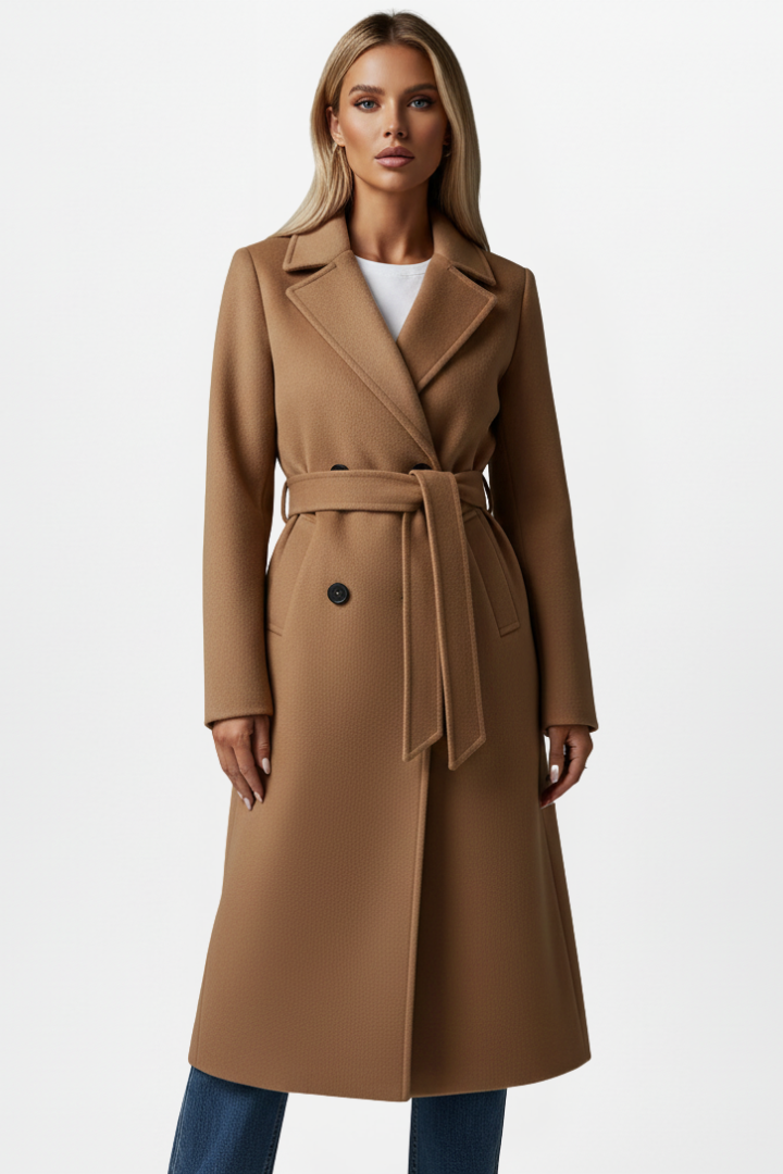 Women's elegant long coat, double-breasted with belt. Perfect for formal winter outerwear & classic style.