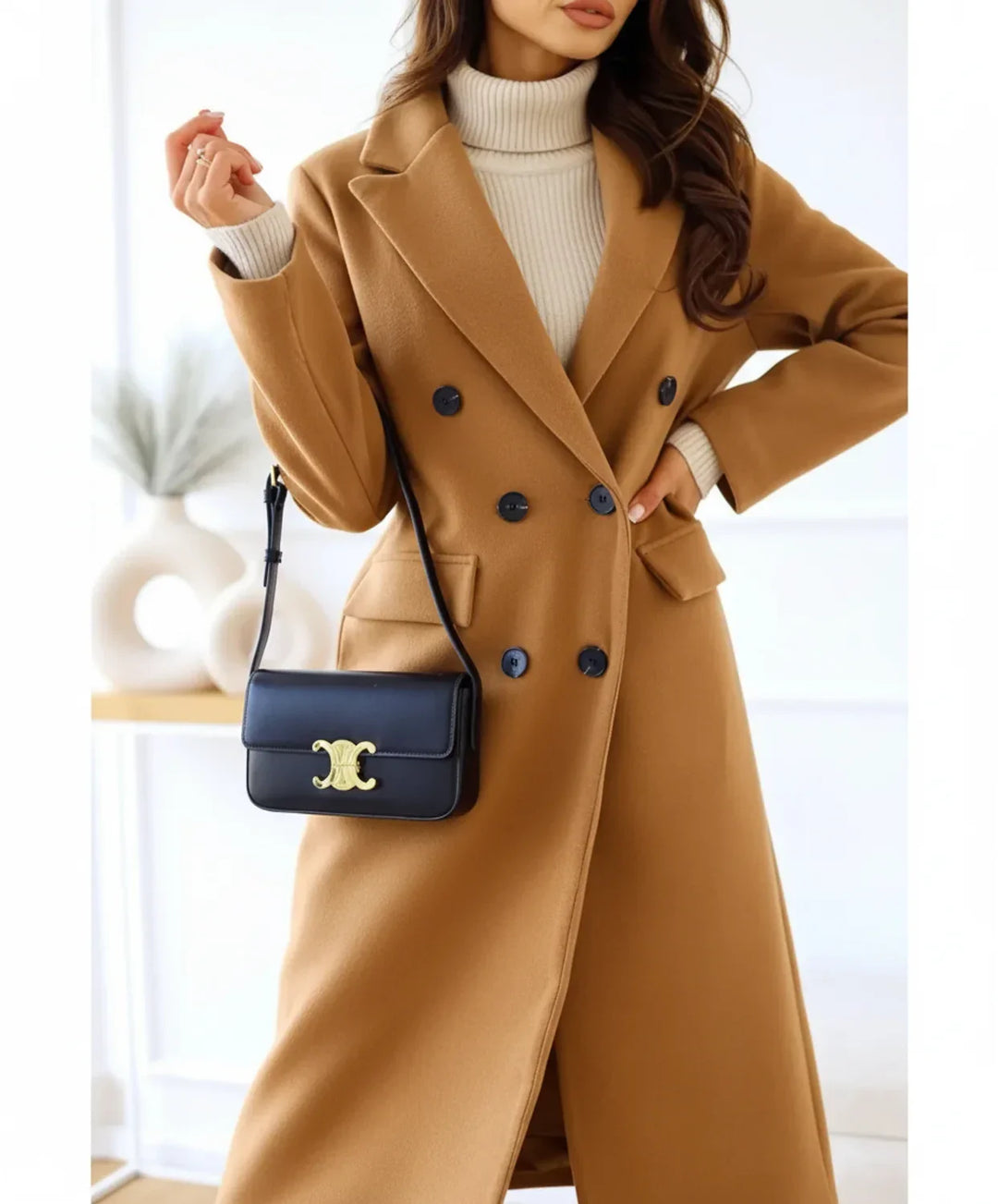 Chic women's double breasted long trench coat for winter & fall, featuring a timeless design and lapel.