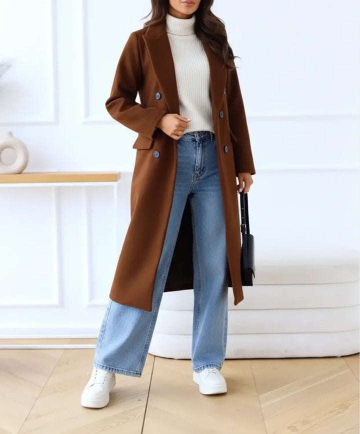 Classic women's double breasted long trench coat with notch lapel & button closure, versatile fall/winter jacket.