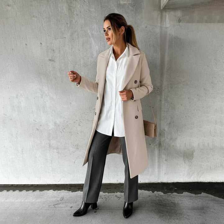 Women's warm long double-breasted winter coat. Elegant, classic design ideal for sophisticated fall & winter fashion.