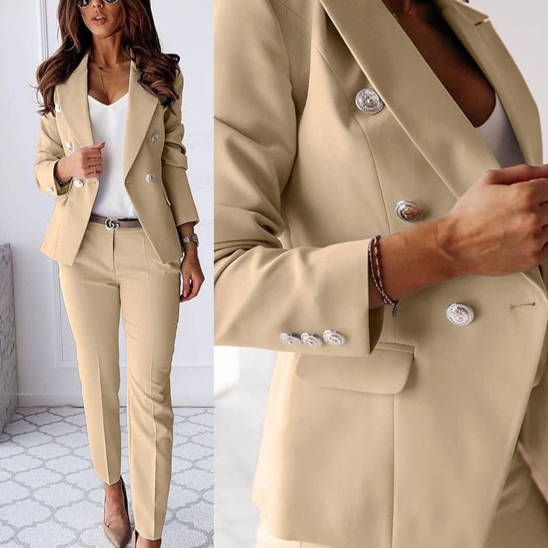 Stylish women's double-breasted blazer and matching trousers, a chic professional suit set.