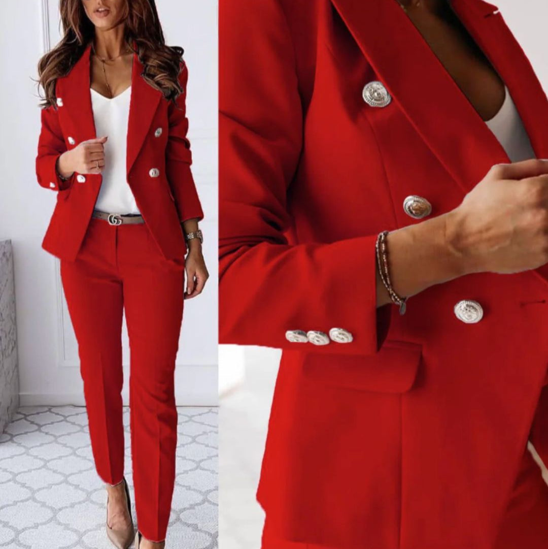 Professional women's elegant double-breasted business suit for office, formal wear, and meetings.