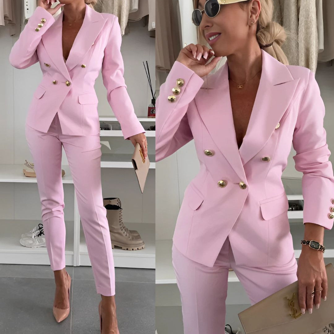 Model showcasing a stylish women's double-breasted suit set, ideal for a professional work look.