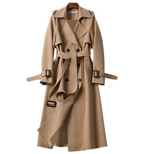Elegant women's double-breasted trench coat in classic style, perfect spring/fall outerwear & lightweight jacket.