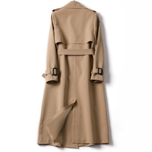 Chic women's long double-breasted trench coat. Versatile elegant outerwear for spring & fall fashion.
