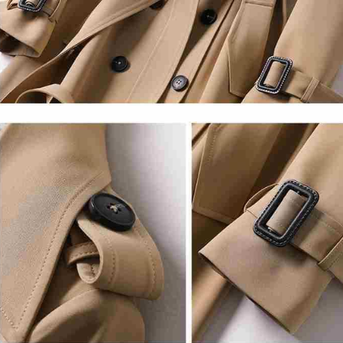 Stylish women's double-breasted trench coat with classic collar. Ideal lightweight jacket for layering.