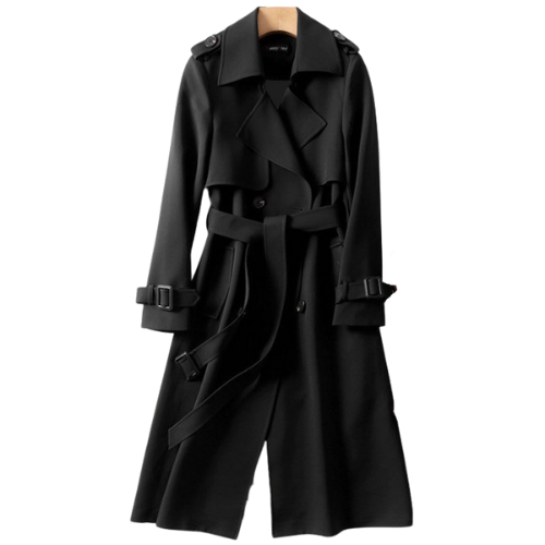 Sophisticated women's double-breasted trench coat, lightweight fabric, classic elegant style outerwear.