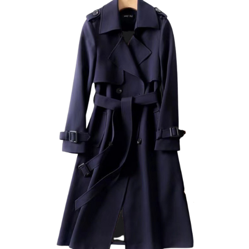 Full length view of an elegant women's double-breasted trench coat. Classic fall & spring outerwear fashion.
