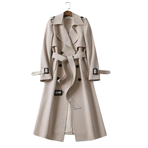 Side profile: Chic women's double-breasted trench coat, classic & versatile for spring and fall fashion.