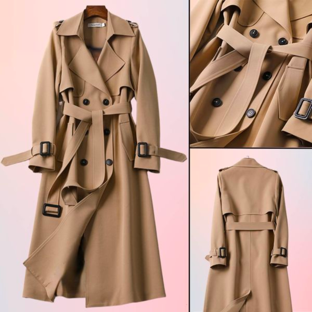 Elegant women's double-breasted trench coat, a classic versatile piece for chic outerwear fashion.